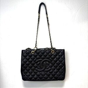 Chanel Grand Shopping Tote Black Caviar Leather Quilted Gold Chain Shoulder Bag